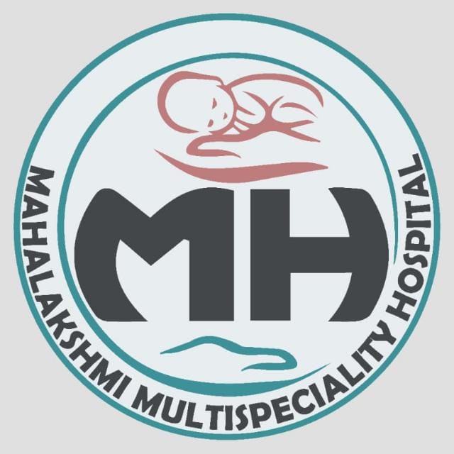 Mahalakshmi Multispeciality Hospital emblem: an infant cradled above the MH monogram